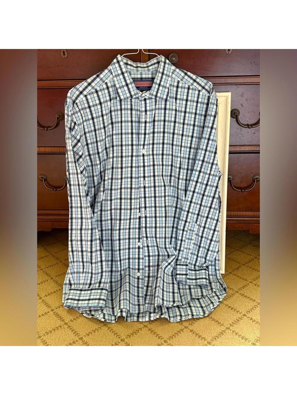 Vineyard Vines Baron Shirt w blue / white gingham check w black details L